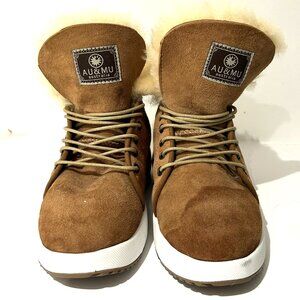 AU&MU Sheepskin Taurus Adjustable Fur Wool Ankle Snow Boots, Size 7, Chestnut